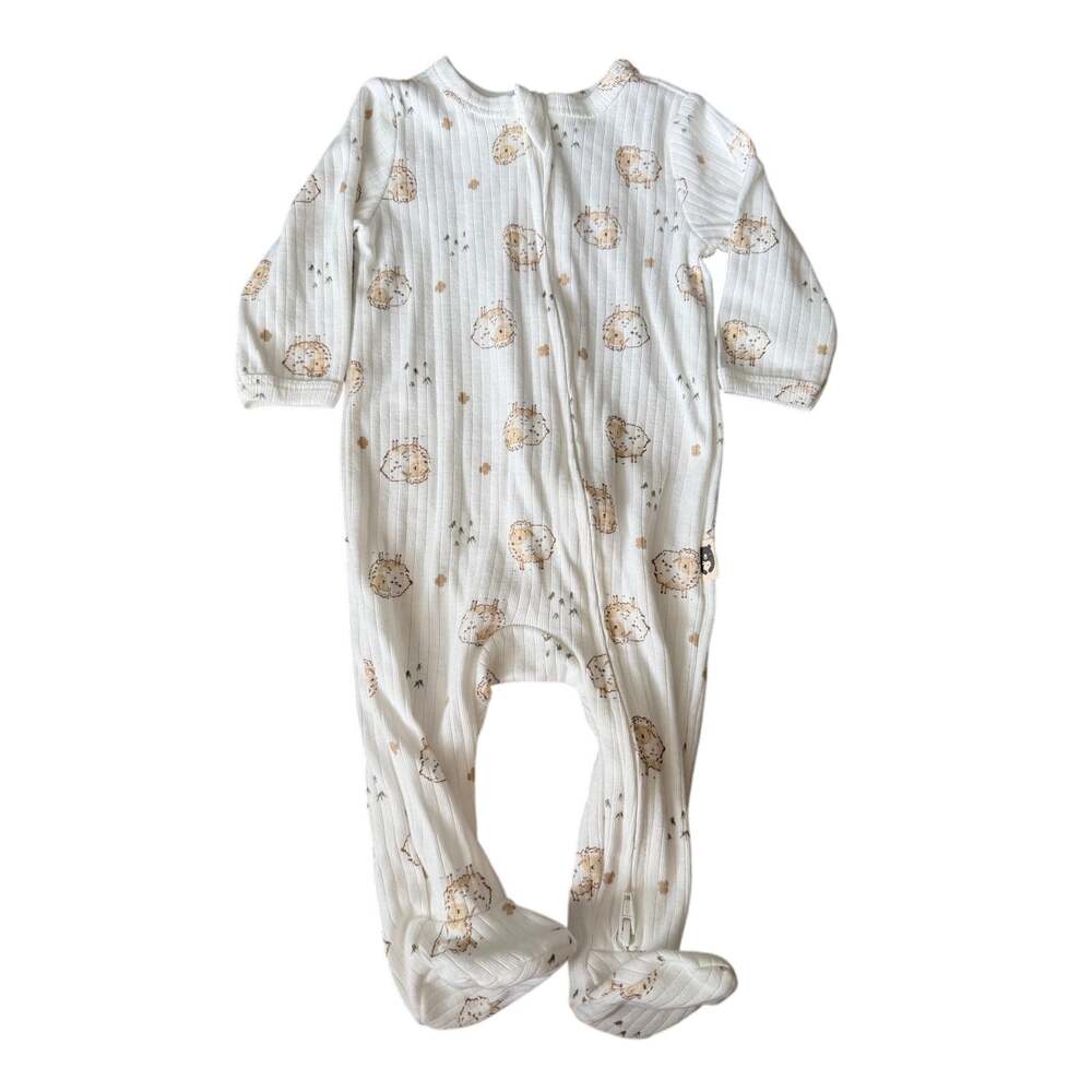Cute Rabbit + Bear Ribbed White Lamb Print Zip Sleeper 0-3M